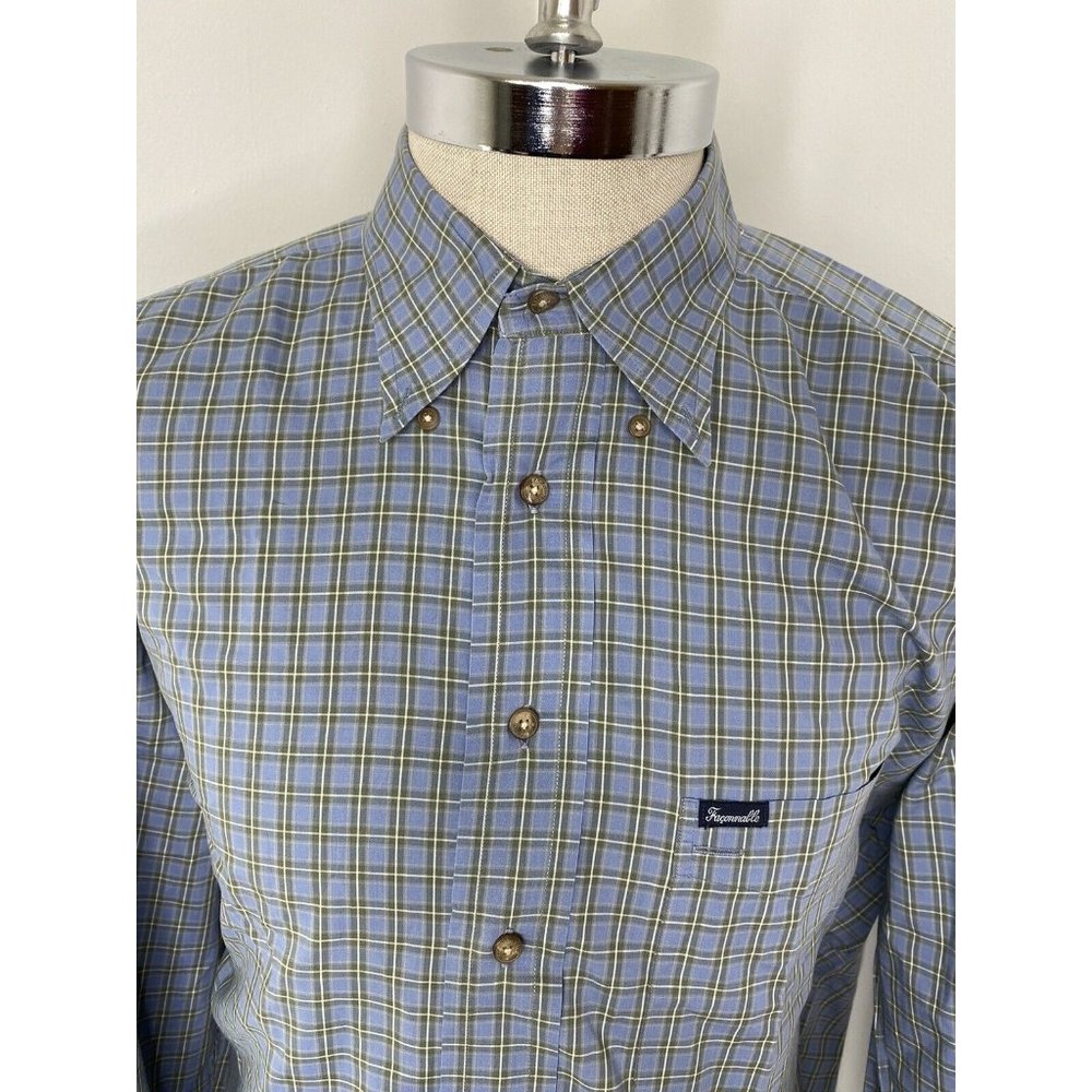 Faconnable Plaid Button Down Shirt Blue White Long Sleeve Sz XL Albert Goldberg